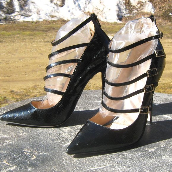 Paper Dolls Shoes - ASOS Paper Dolls Hathaway Strappy Buckles Black Croc Print 4" Heel Pumps SZ 7